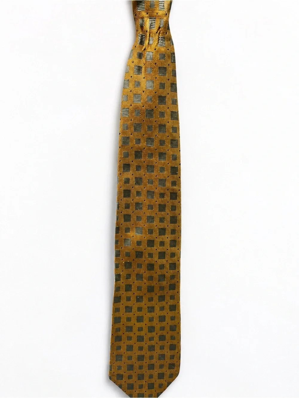 BOSA Italy 100% Silk Men’s Tie Gold Geometric Squares Gray & Olive Pattern